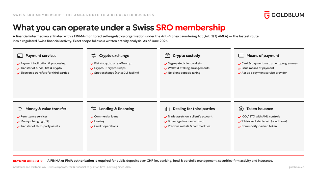 Eight activities you can operate under a Swiss SRO membership — payment services, crypto exchange, crypto custody, means of payment, money and value transfer, lending and financing, dealing for third parties, and token issuance — each with concrete examples; with a note that public deposits over CHF 1m, banking, fund and portfolio management, securities-firm activity and insurance need a FINMA or FinIA authorisation instead.